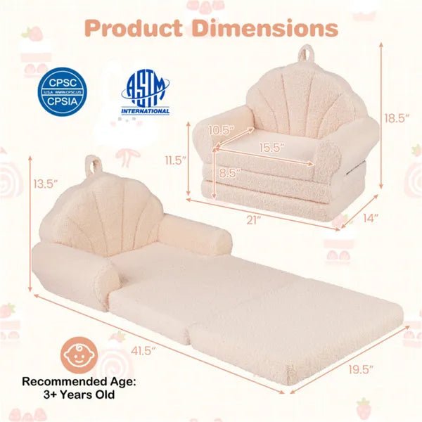 2 - in - 1 Flip Open Kids Sofa Lounger, Teddy Fleece Toddler Couch With Carry Handle For Ages 3+ (Beige) - Cozy Home Life