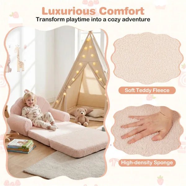 2 - in - 1 Flip Open Kids Sofa Lounger, Teddy Fleece Toddler Couch With Carry Handle For Ages 3+ (Beige) - Cozy Home Life