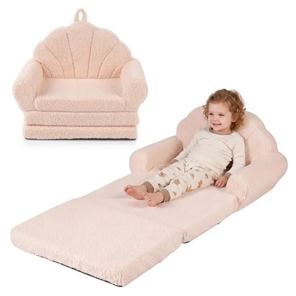 2 - in - 1 Flip Open Kids Sofa Lounger, Teddy Fleece Toddler Couch With Carry Handle For Ages 3+ (Beige) - Cozy Home Life
