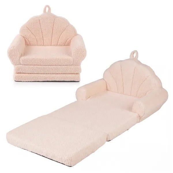2 - in - 1 Flip Open Kids Sofa Lounger, Teddy Fleece Toddler Couch With Carry Handle For Ages 3+ (Beige) - Cozy Home Life
