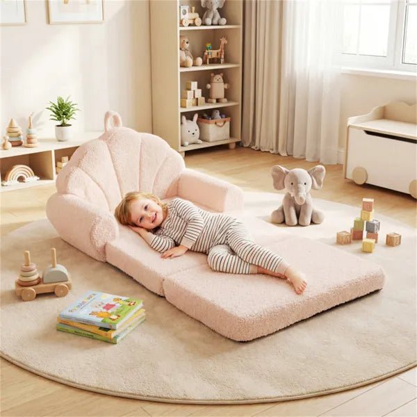 2 - in - 1 Flip Open Kids Sofa Lounger, Teddy Fleece Toddler Couch With Carry Handle For Ages 3+ (Beige) - Cozy Home Life