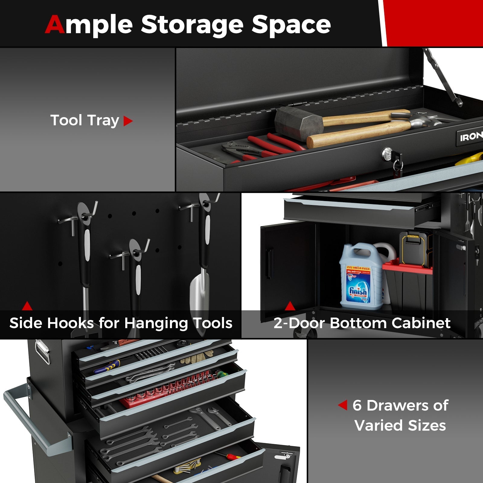 6 - Drawer Rolling Tool Storage Chest Cabinet with Universal Wheels and Hooks - Black - Cozy Home Life