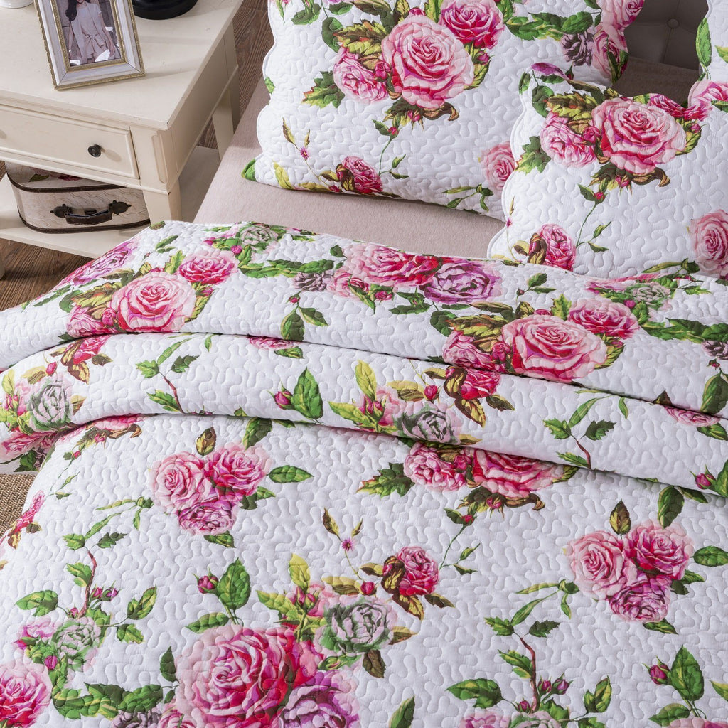 DaDa Bedding Romantic Roses Lovely Spring Pink Floral Quilted Scalloped Bedspread Set (JHW879) - Cozy Home Life