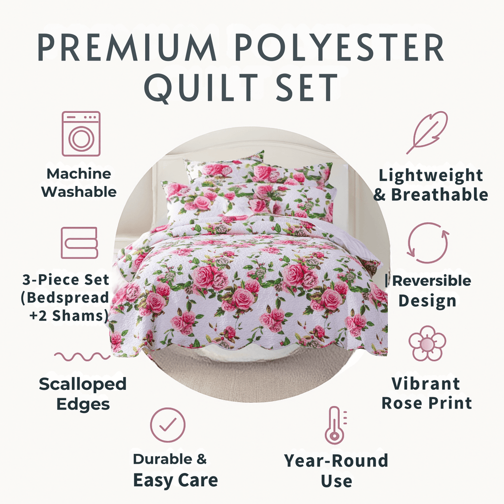 DaDa Bedding Romantic Roses Lovely Spring Pink Floral Quilted Scalloped Bedspread Set (JHW879) - Cozy Home Life