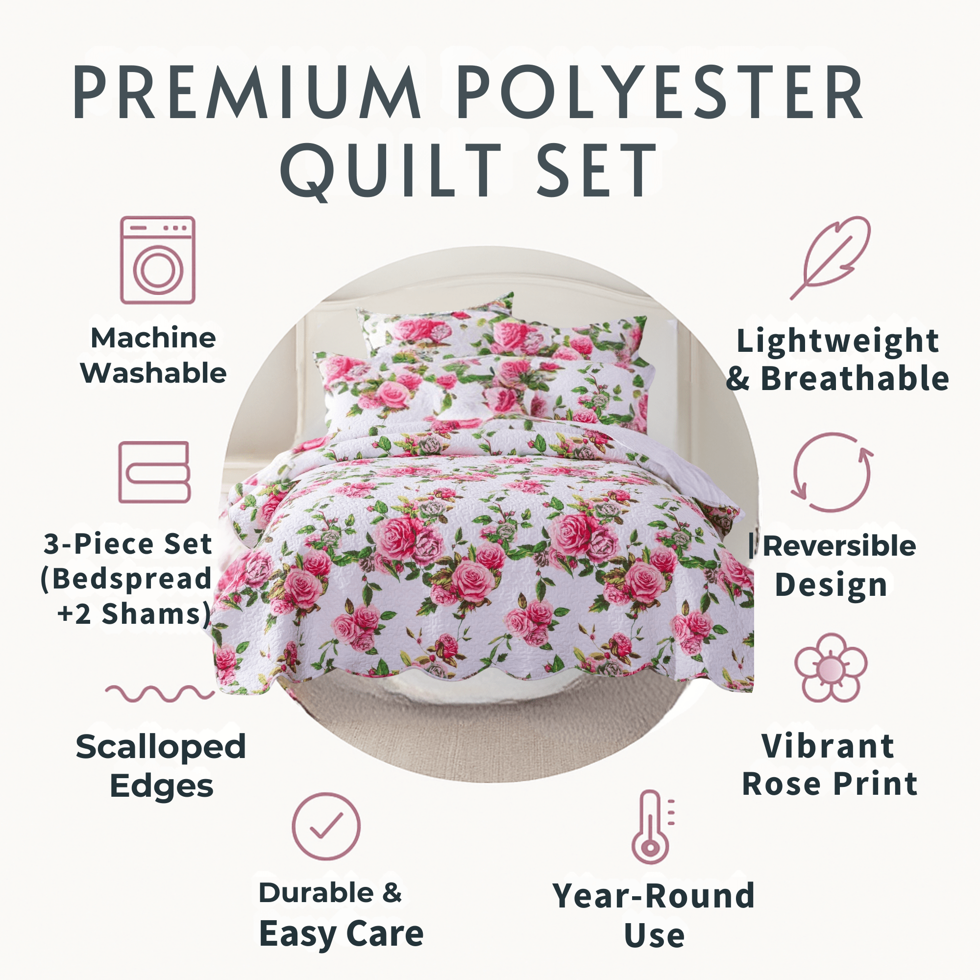 DaDa Bedding Romantic Roses Lovely Spring Pink Floral Quilted Scalloped Bedspread Set (JHW879) - Cozy Home Life