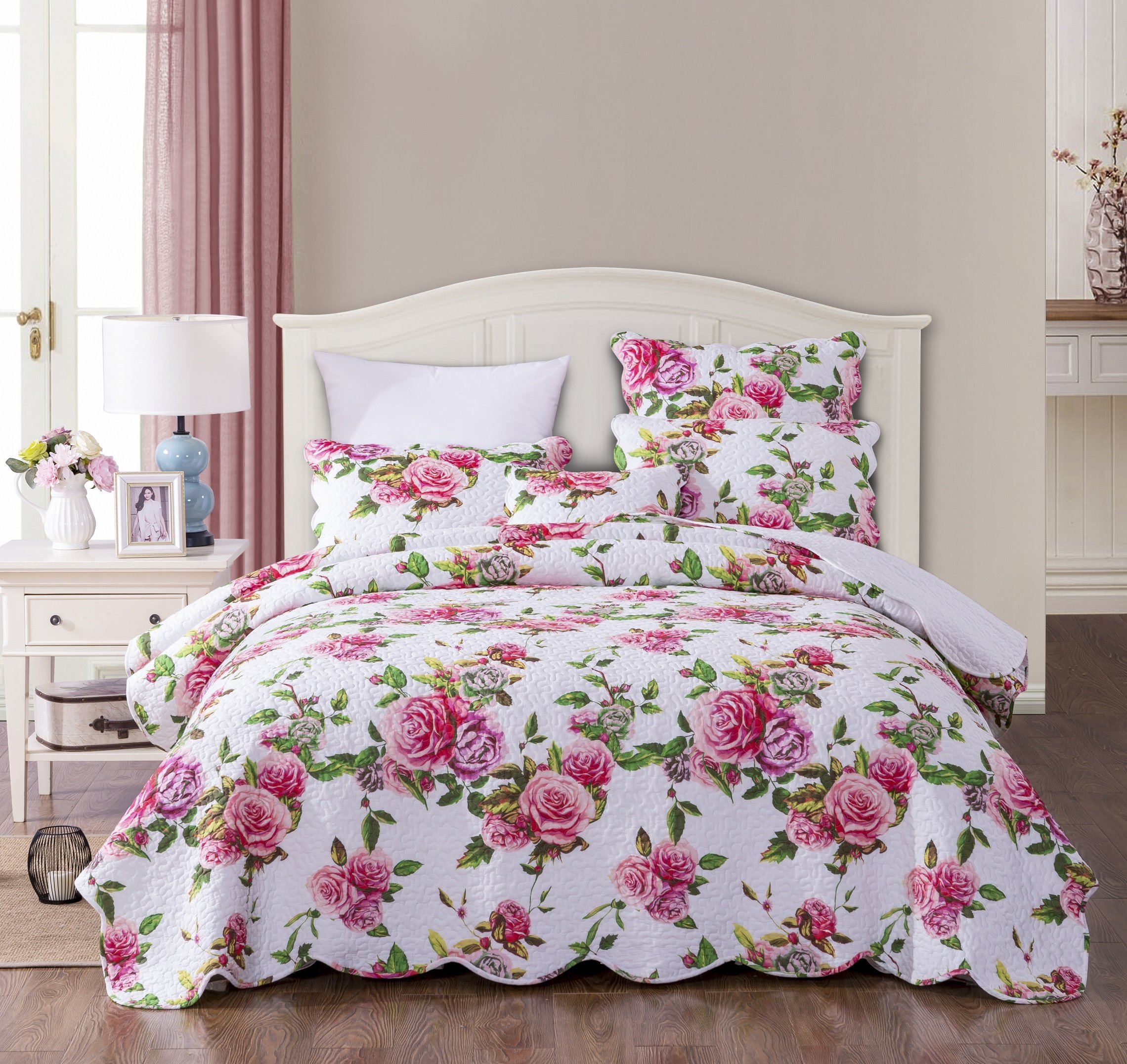 DaDa Bedding Romantic Roses Lovely Spring Pink Floral Quilted Scalloped Bedspread Set (JHW879) - Cozy Home Life