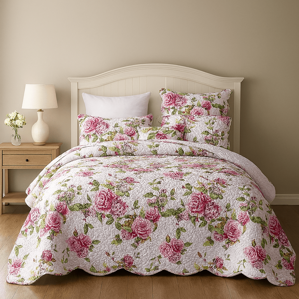 DaDa Bedding Romantic Roses Lovely Spring Pink Floral Quilted Scalloped Bedspread Set (JHW879) - Cozy Home Life