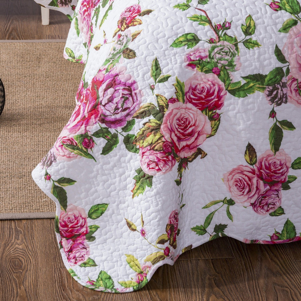 DaDa Bedding Romantic Roses Lovely Spring Pink Floral Quilted Scalloped Bedspread Set (JHW879) - Cozy Home Life