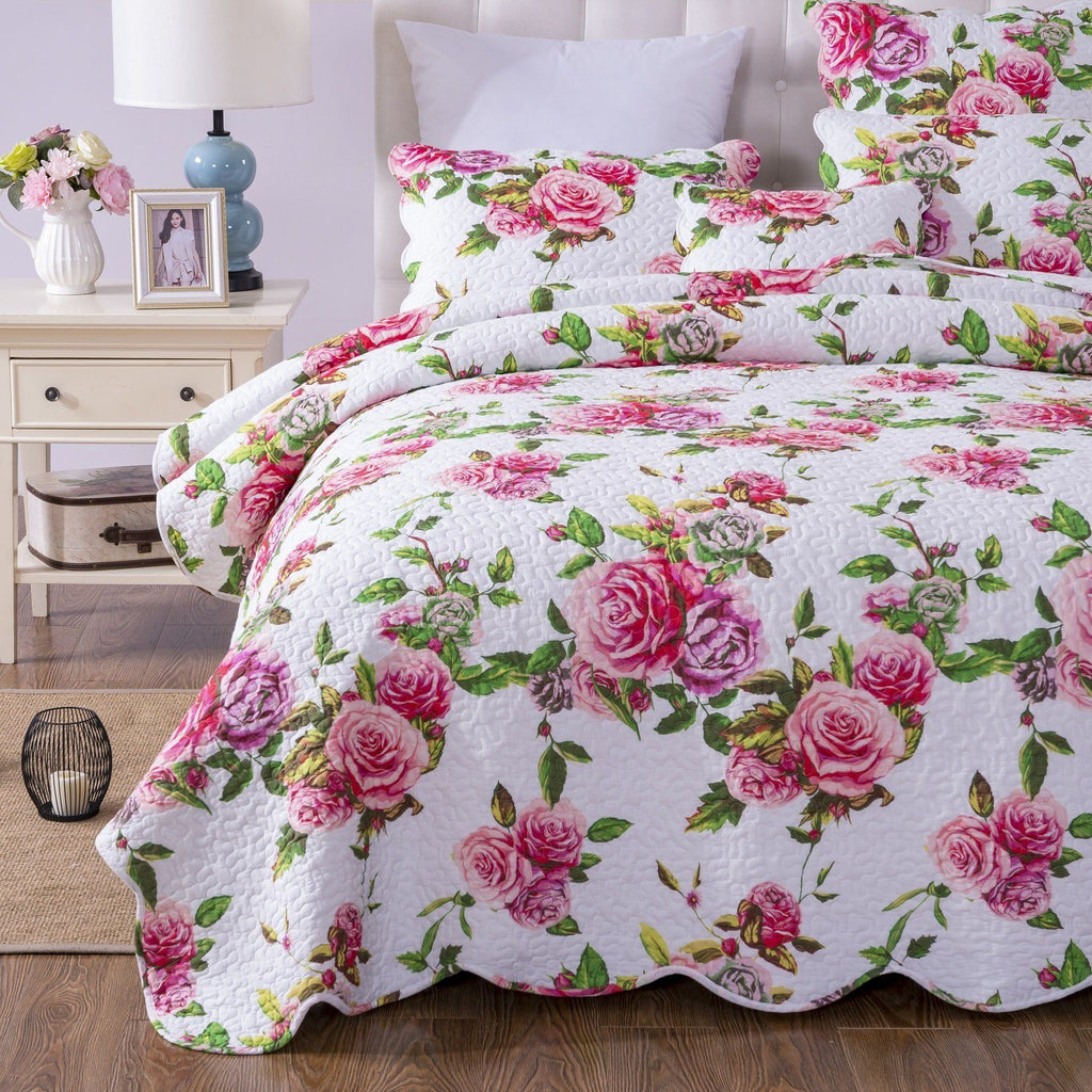 DaDa Bedding Romantic Roses Lovely Spring Pink Floral Quilted Scalloped Bedspread Set (JHW879) - Cozy Home Life