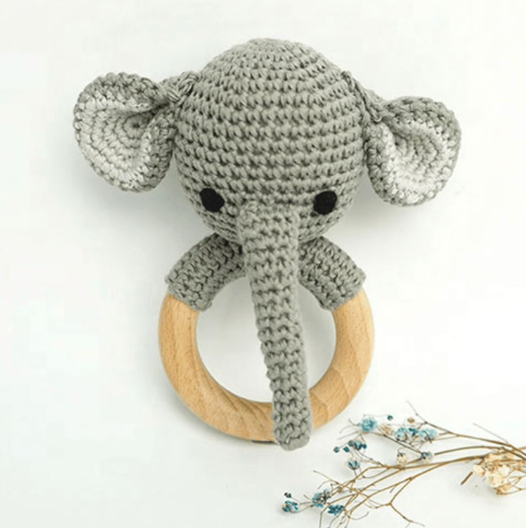 Handmade Organic Cotton Rattle Ring Teether · Elephant Design · Grey body with Black Features - Cozy Home Life