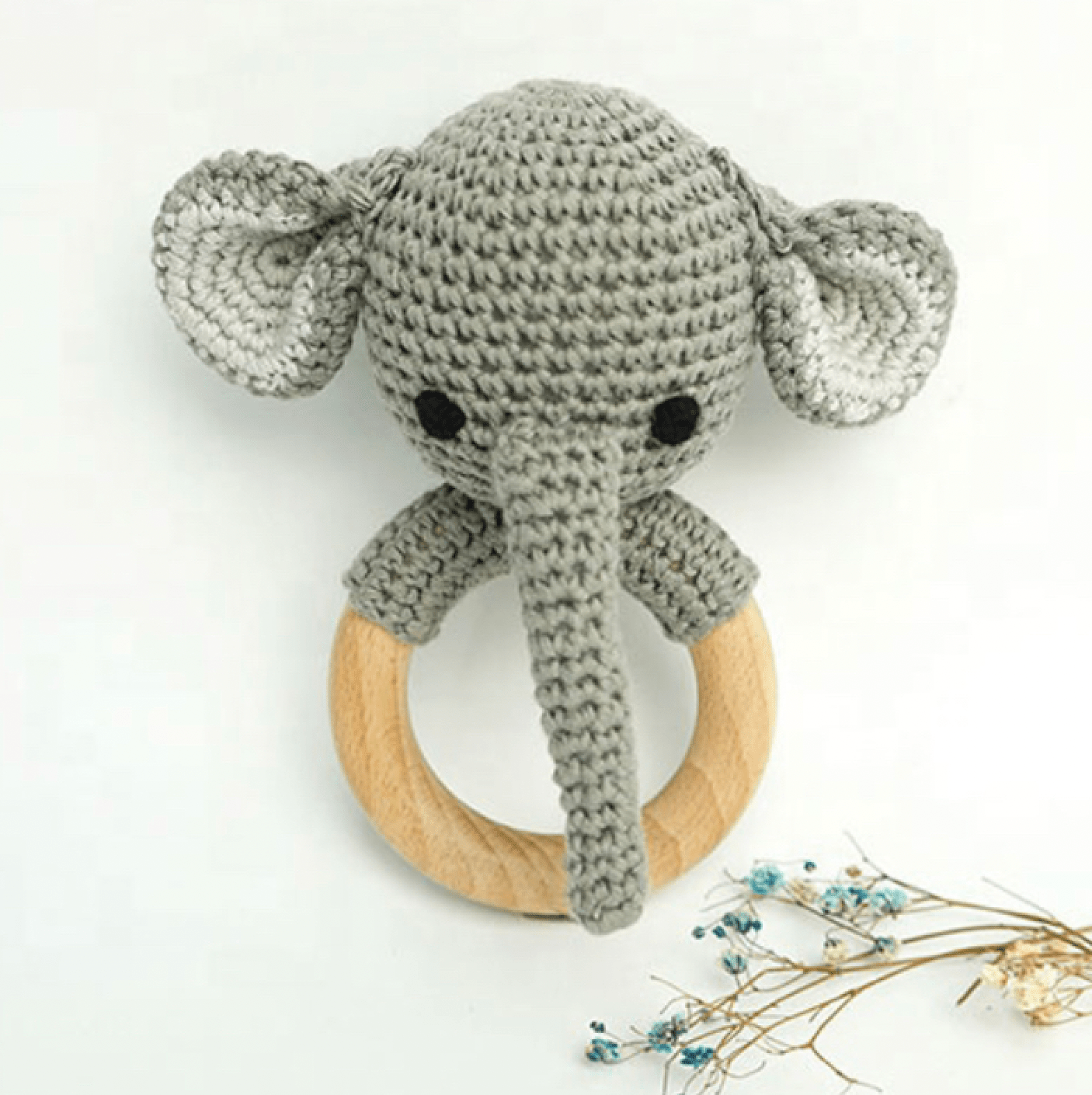 Handmade Organic Cotton Rattle Ring Teether · Elephant Design · Grey body with Black Features - Cozy Home Life