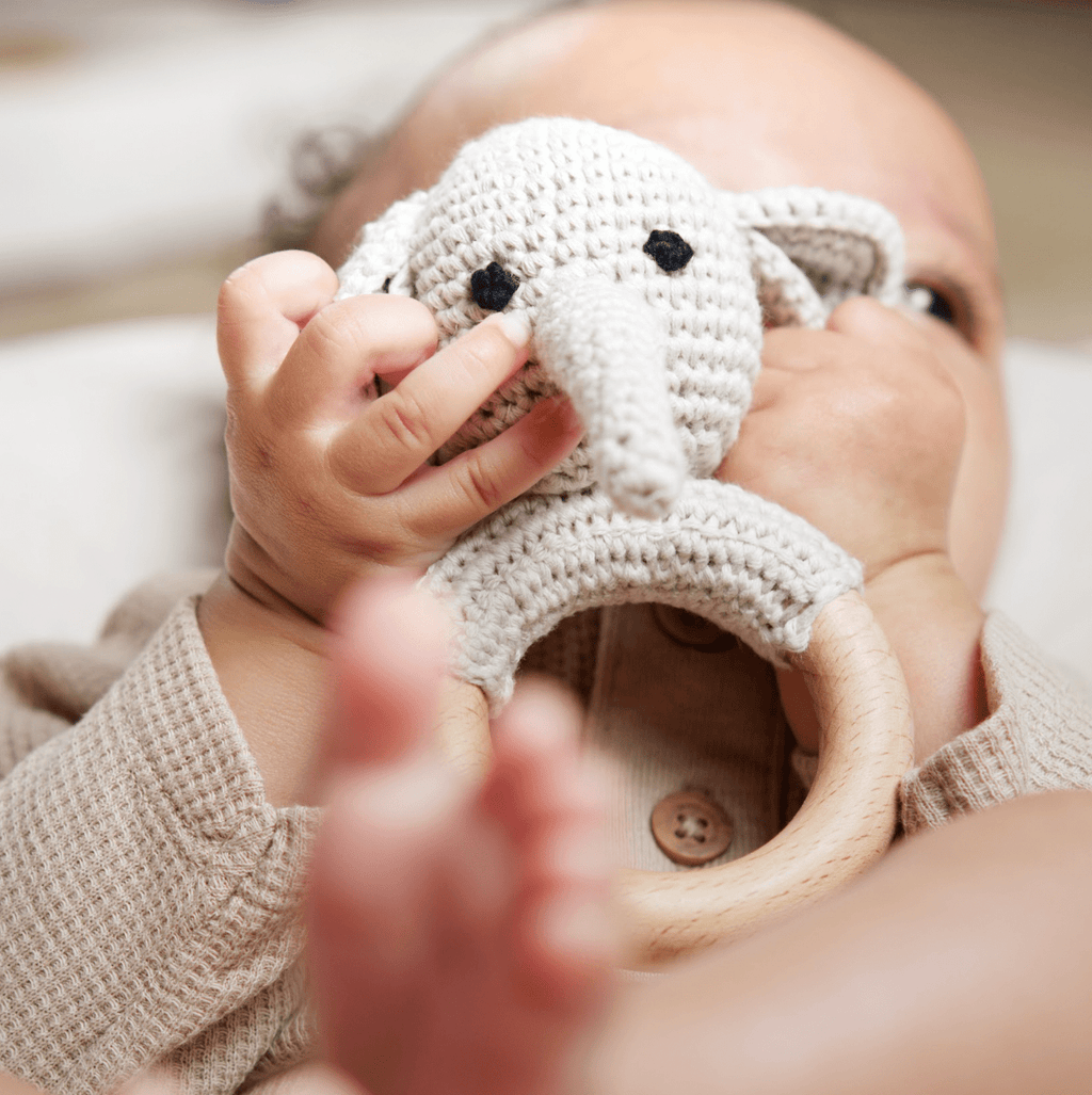 Handmade Organic Cotton Rattle Ring Teether · Elephant Design · Grey body with Black Features - Cozy Home Life