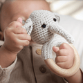 Handmade Organic Cotton Rattle Ring Teether · Elephant Design · Grey body with Black Features - Cozy Home Life
