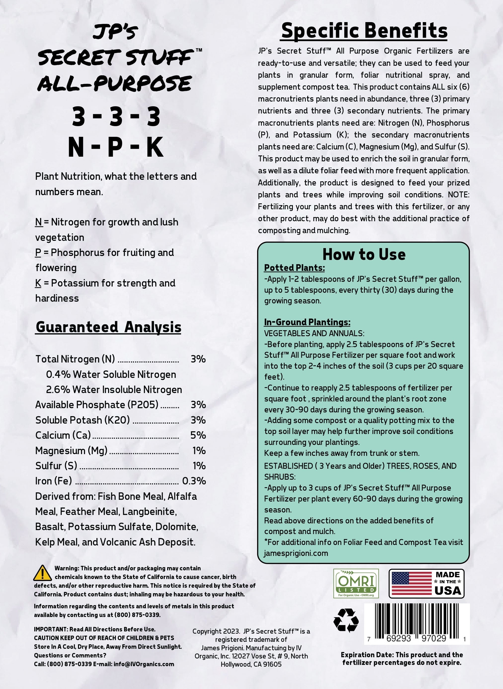 JP’s Secret Stuff™ All - Purpose Organic Fertilizer 3 - 3 - 3 (4 lb) - OMRI (US Only) - Cozy Home Life