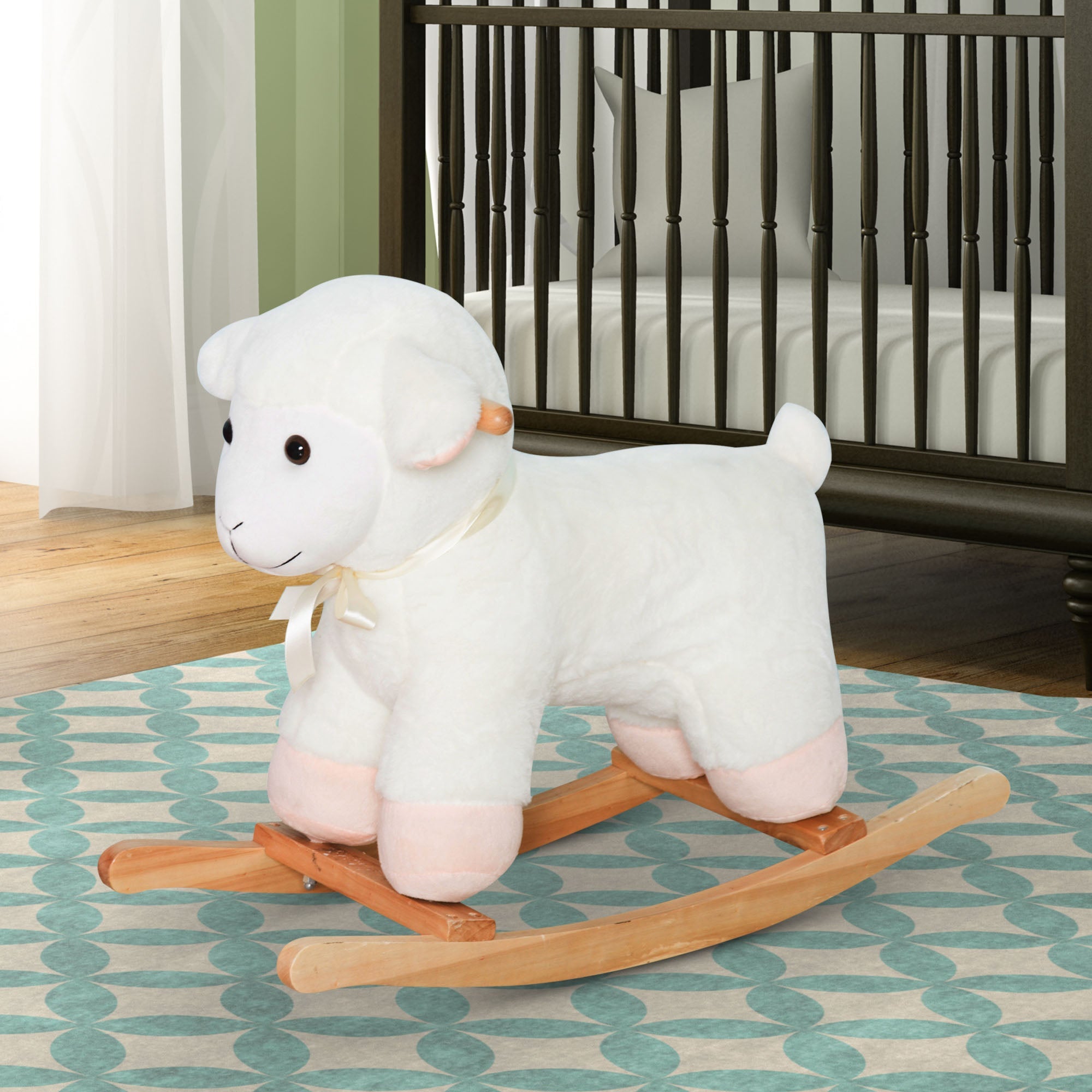 Lamb Rocking Horse Sheep, Nursery Stuffed Animal Ride On Rocker for Kids, Wooden Plush, White - Cozy Home Life