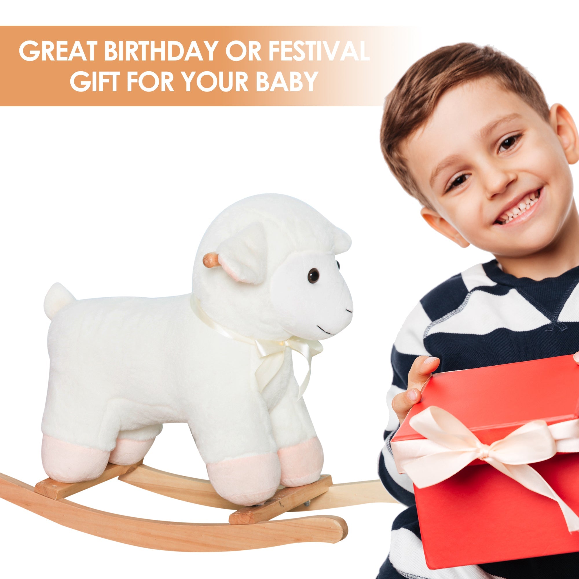 Lamb Rocking Horse Sheep, Nursery Stuffed Animal Ride On Rocker for Kids, Wooden Plush, White - Cozy Home Life