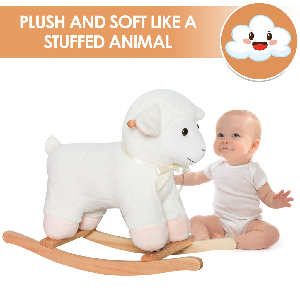 Lamb Rocking Horse Sheep, Nursery Stuffed Animal Ride On Rocker for Kids, Wooden Plush, White - Cozy Home Life