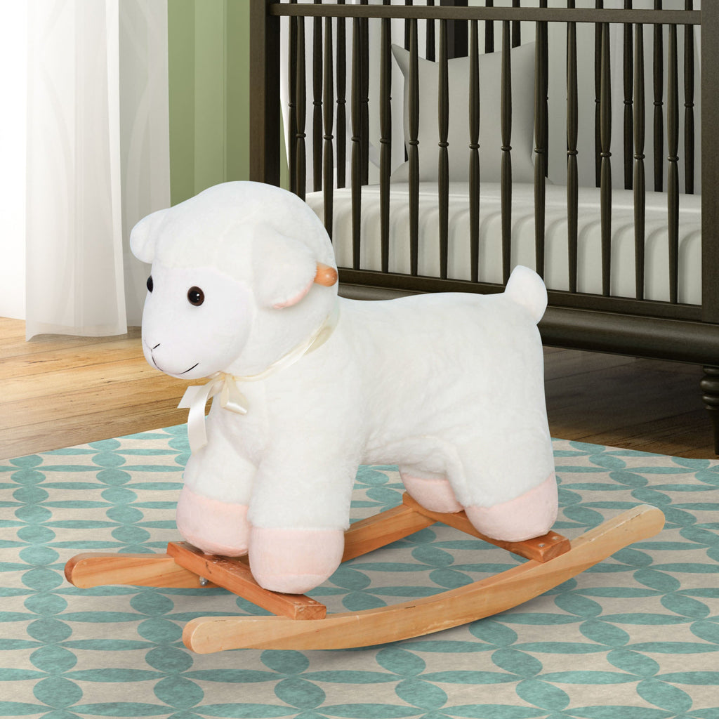 Lamb Rocking Horse Sheep, Nursery Stuffed Animal Ride On Rocker for Kids, Wooden Plush, White - Cozy Home Life