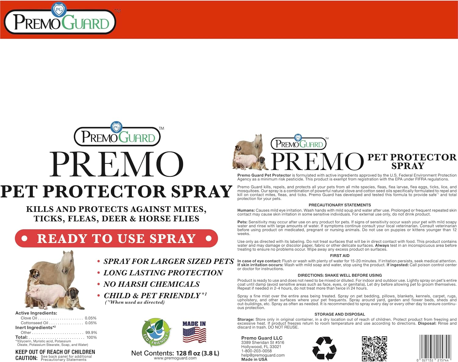 Pet Protector Spray 128 oz | Plant Based Non - Toxic Treatment | Premo Guard - Cozy Home Life